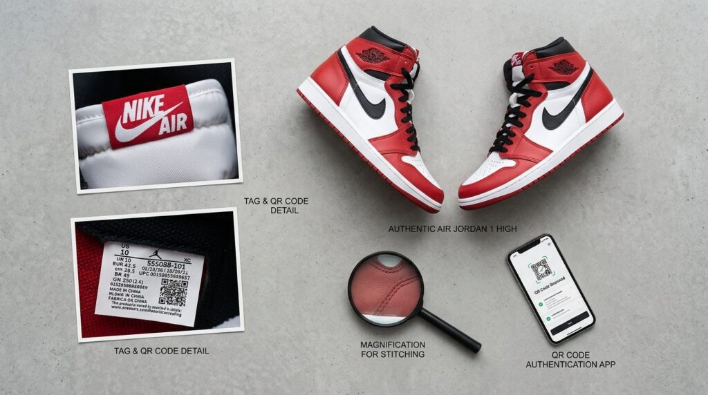 Flat lay comparison scene of sneaker authentication tools: a