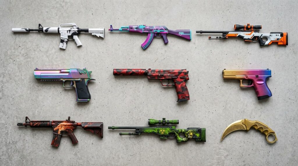 Flat lay composition of multiple high-quality CS2 weapon ski