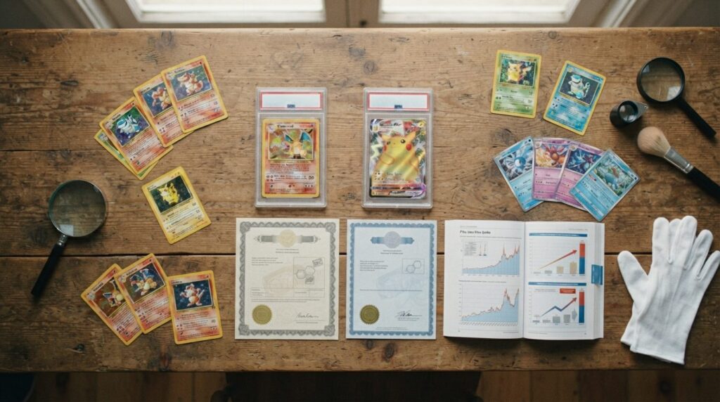Flat lay overhead shot of vintage and modern Pokemon cards w