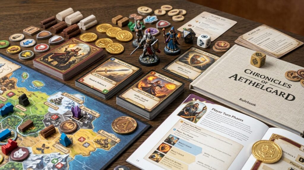 Close-up detail shot of pristine board game components laid