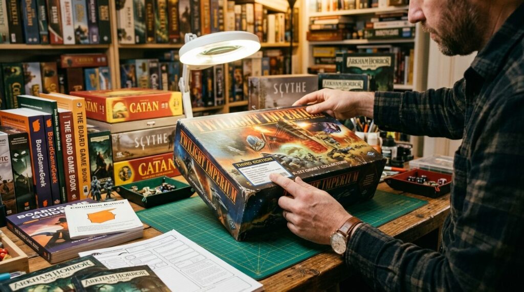 Adult hands carefully examining a boxed board game, inspecti