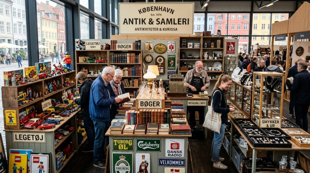 Et velorganiseret loppemarkeds stand med varigt udvalg af samlerobjekter og antikviteter.