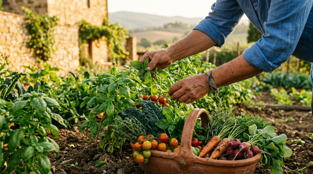 Close-up professional photograph of hands harvesting organic