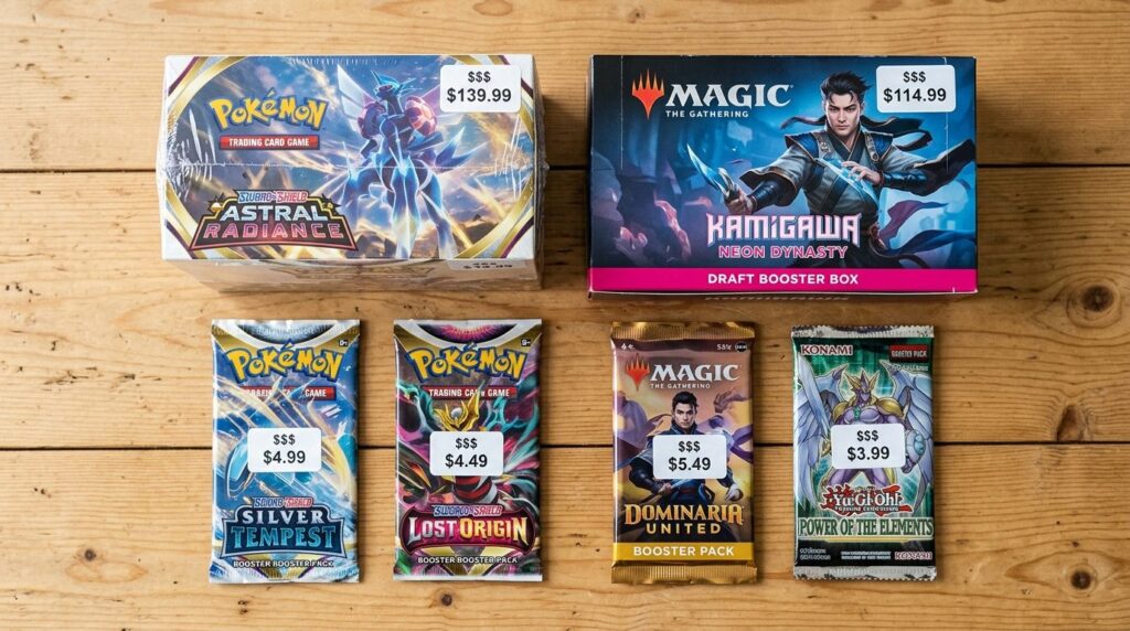 Close-up flat lay of multiple collectible card game booster