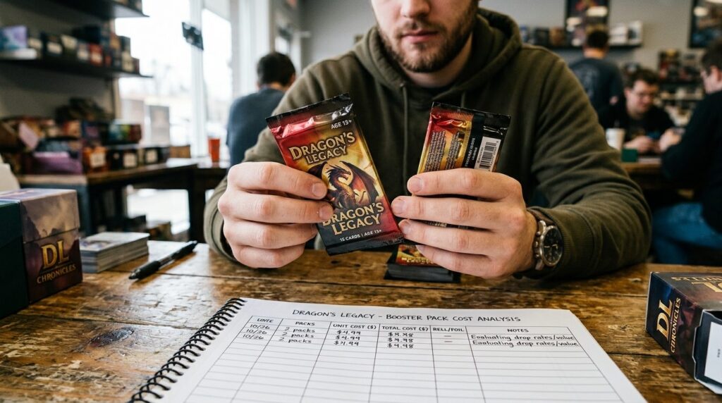 Hands holding trading card booster packs while examining pro