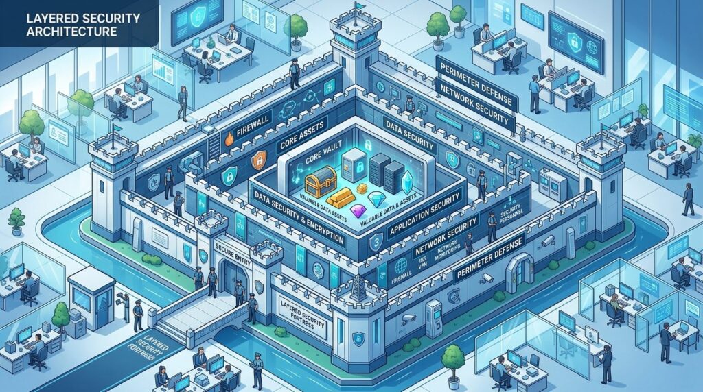 Isometric view of layered security architecture diagram visu