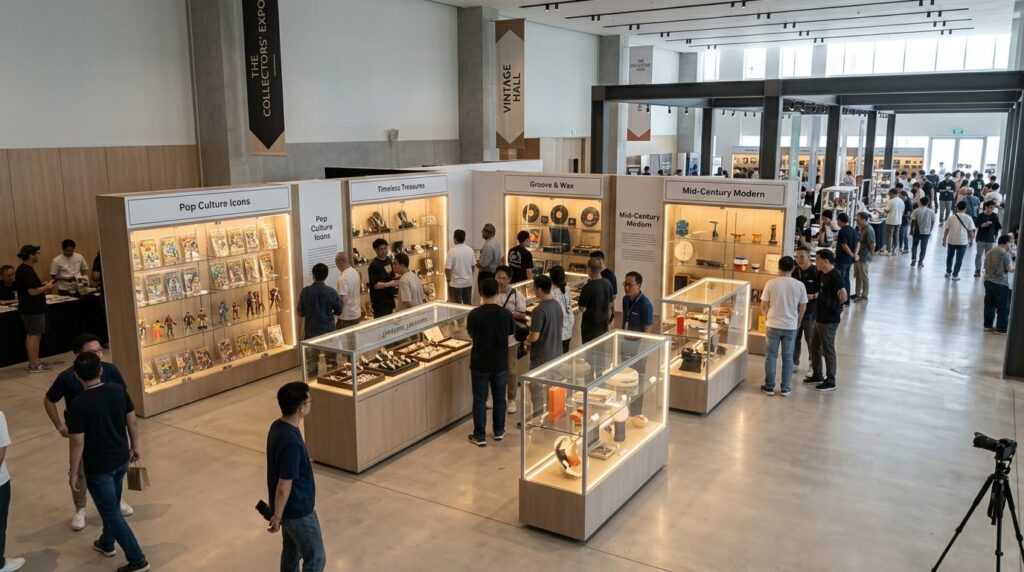 Wide shot of an organized event venue with multiple themed d