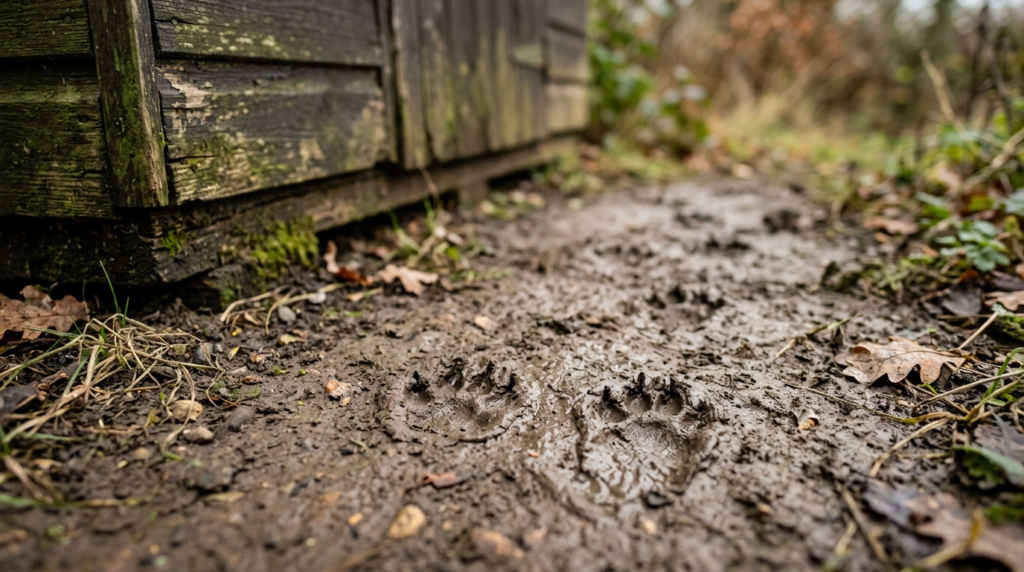 Close-up nature observation scene of a polecats paw prints 