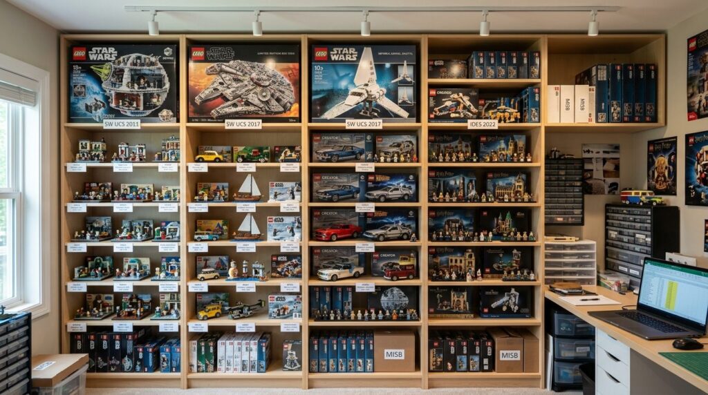 Wide shelf display of organized LEGO limited edition collect
