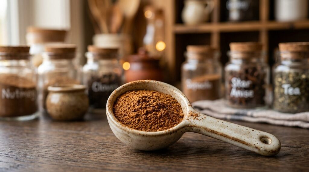 Close-up detail shot of premium ground cinnamon texture and 