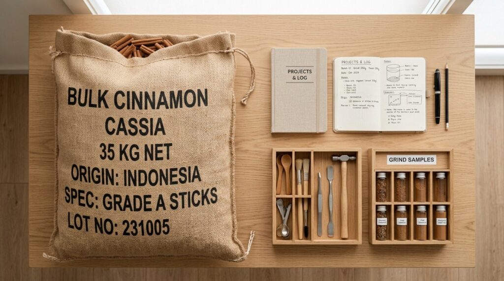 Flat lay composition of a 35kg cinnamon bulk package next to