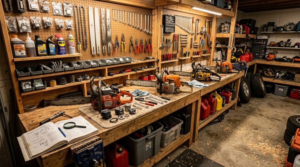 Wide-angle photograph of a home garage woodworking station w