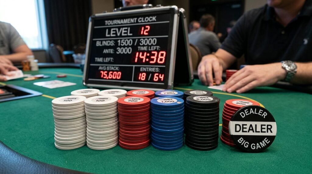 Close-up detail shot of organized poker chips stacked by den