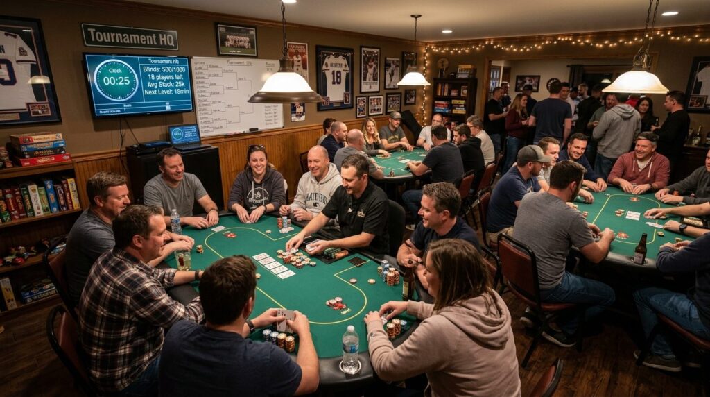 Wide angle shot of a casual home poker tournament in progres