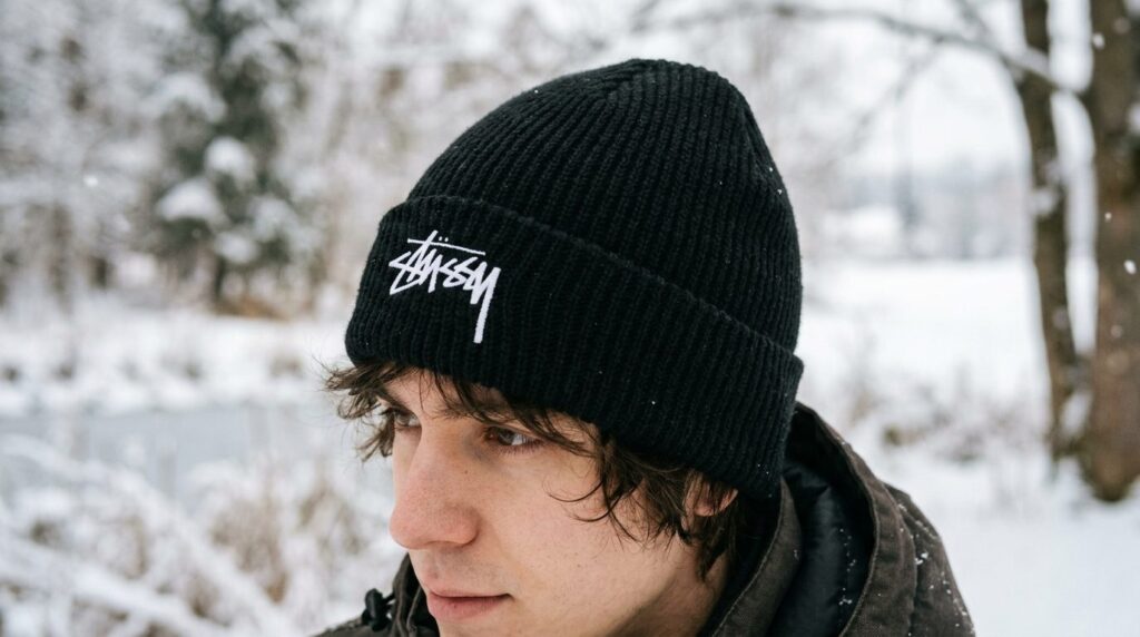 Close-up detail shot of a black Stussy skullcap beanie on a 