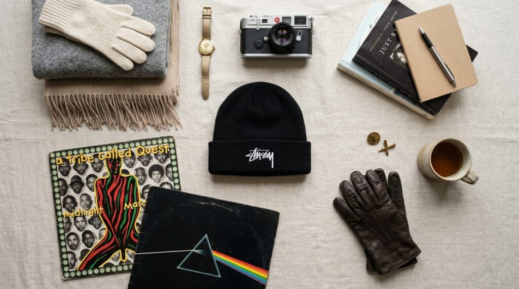 Flat lay overhead composition of a black Stussy skullcap bea
