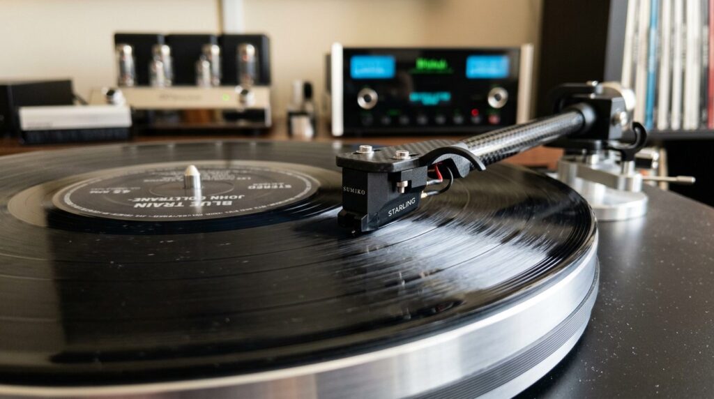 Close-up detailed photograph of a vinyl record on a turntabl