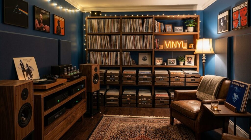 Wide shot of a collectors vinyl storage and listening corne