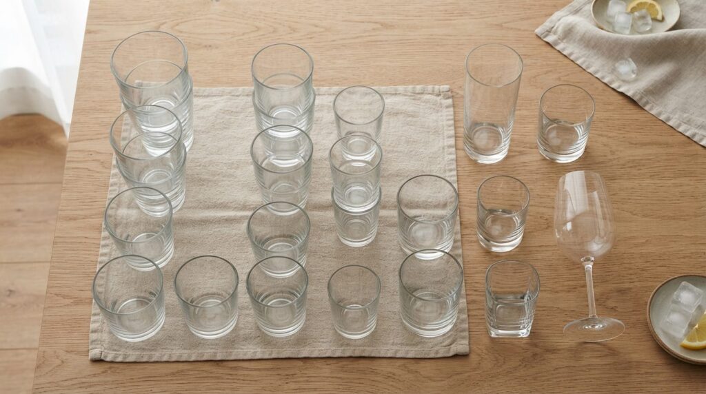Close-up flatlay of practical everyday glassware collection 