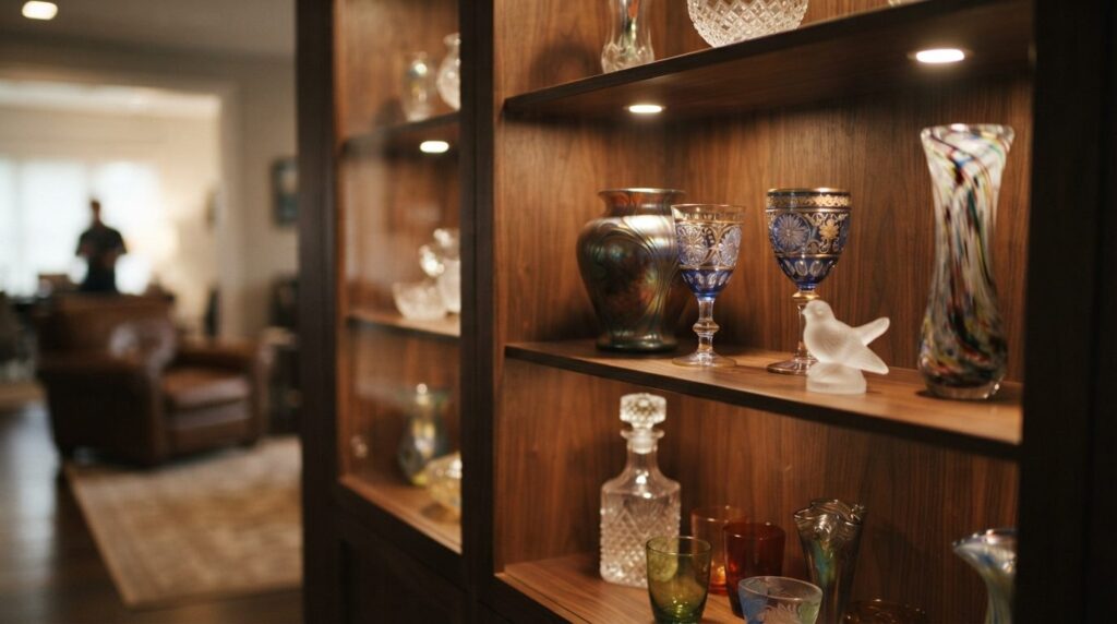 Interior shot of a collectors display cabinet with rare and
