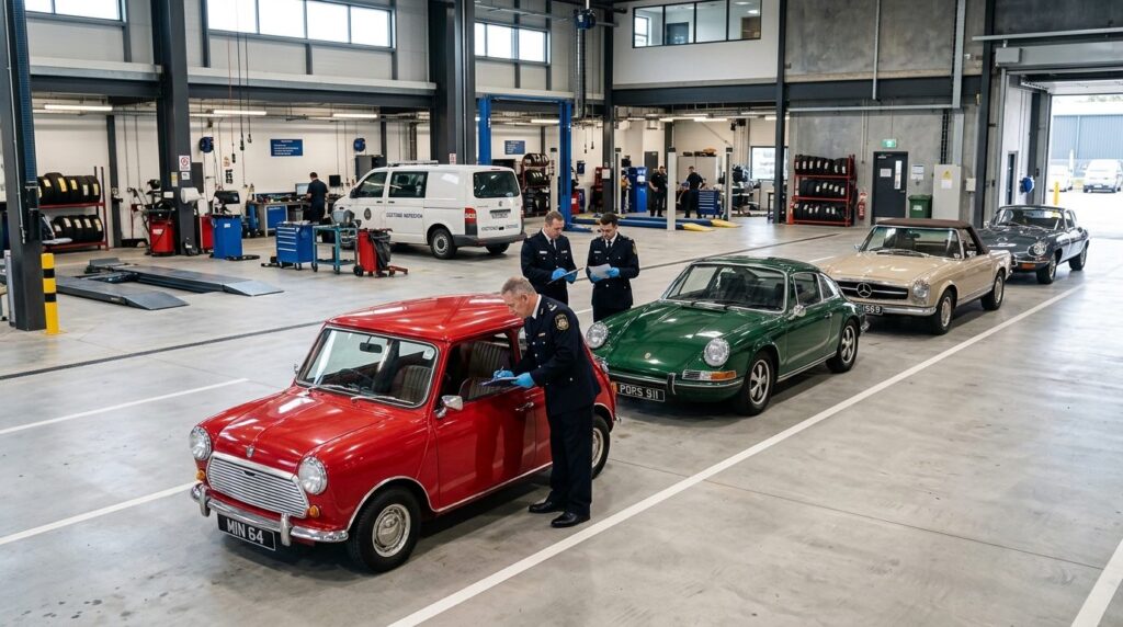 Wide-angle view of a customs inspection garage with multiple