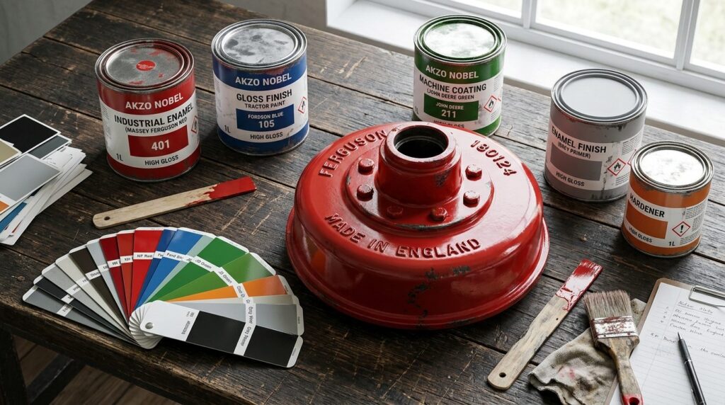 Detailed overhead shot of industrial machine enamel paint ca