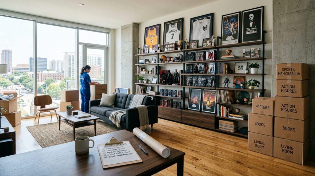 Wide-angle shot of a modern apartment living room with floor