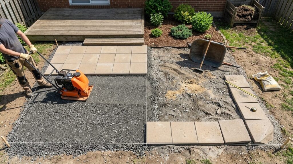 DIY garden patio installation scene showing the difference b