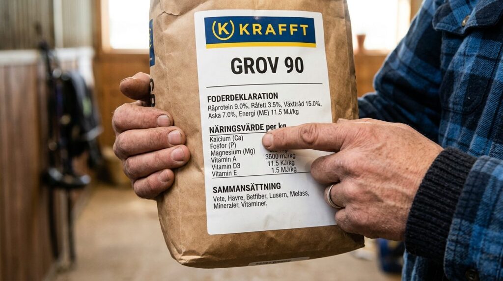 Close-up detail shot of hands holding a Krafft horse feed pr