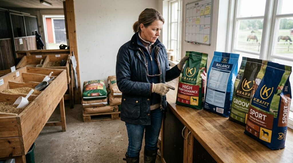 Realistic image of a horse owner in a feed room comparing di