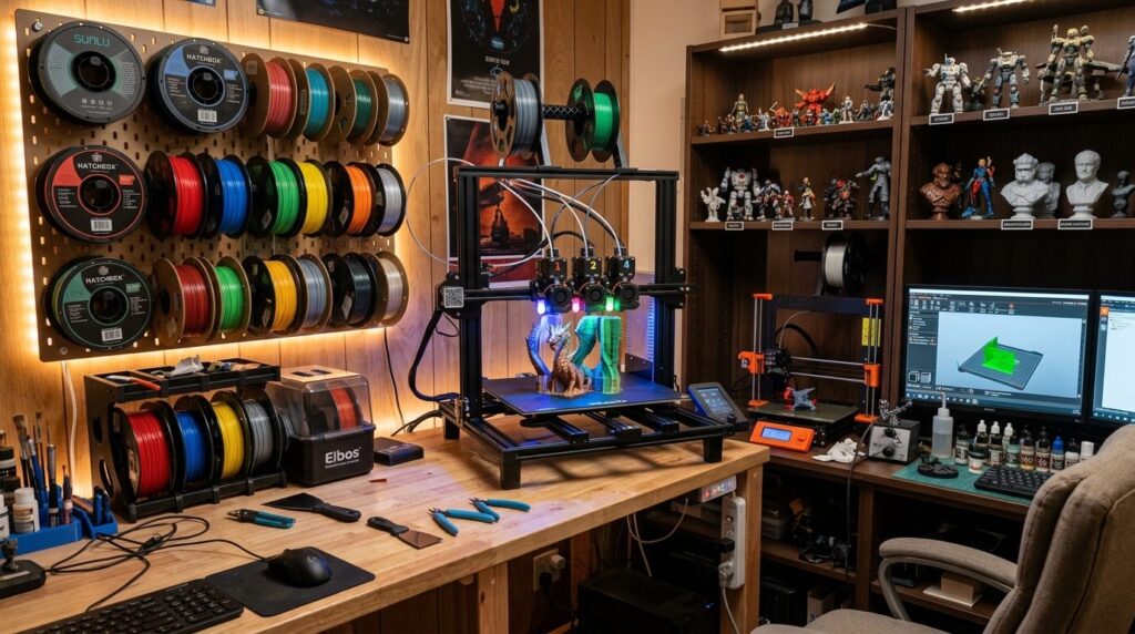 Wide angle view of a hobbyists home 3D printing station wit