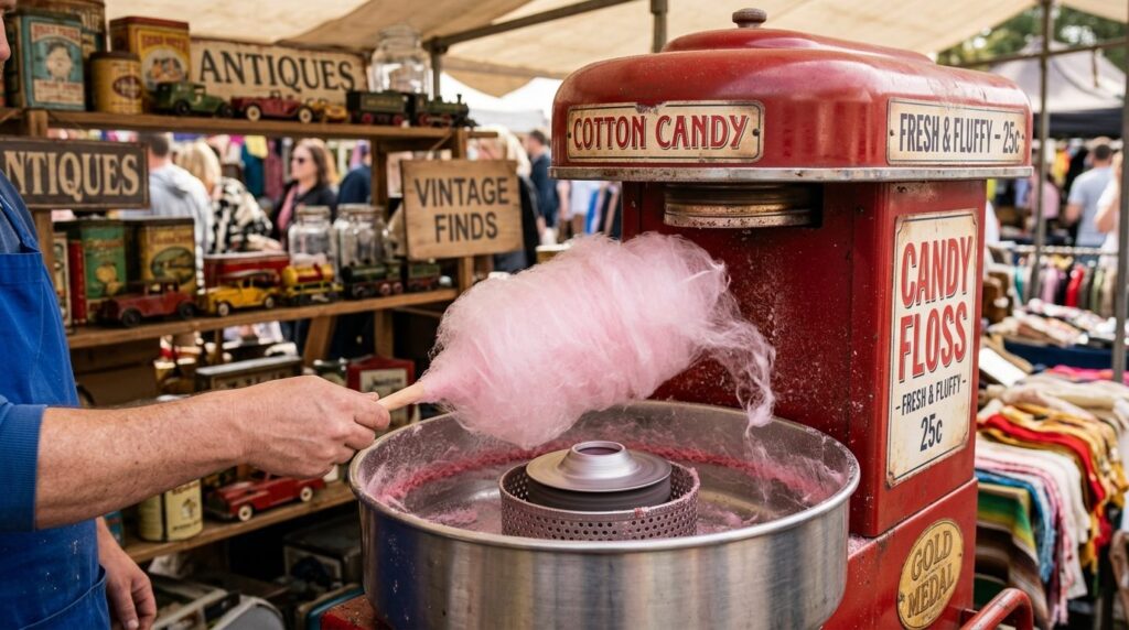 Close-up photorealistic image of a classic red candy floss m