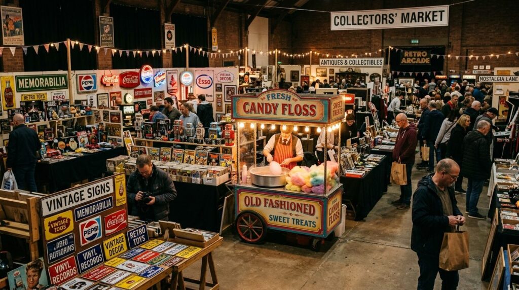 Wide photorealistic scene of a nostalgic retro collectors m