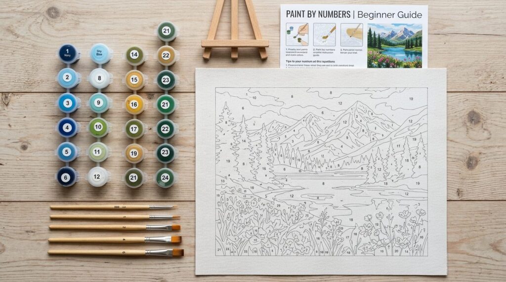 Close-up detailed shot of a beginner paint by numbers set la