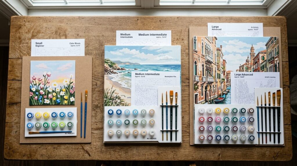 Comparison flat lay of three different paint by numbers kits