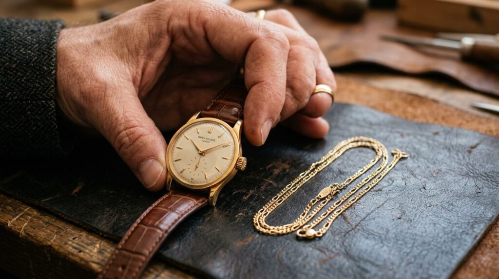 Close-up detail shot of a collectors hand examining a vinta