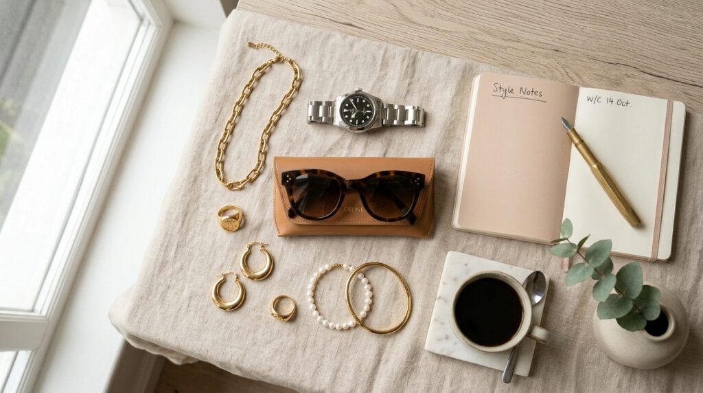 Flat lay composition of carefully selected personal style ac