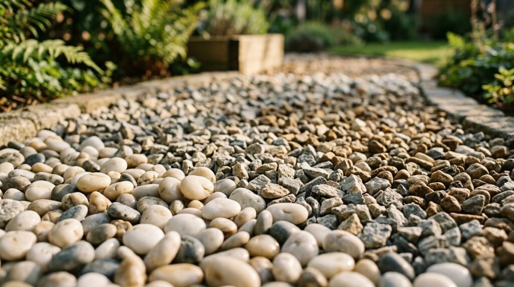 Close-up detail shot of garden stone textures: pearl stones 