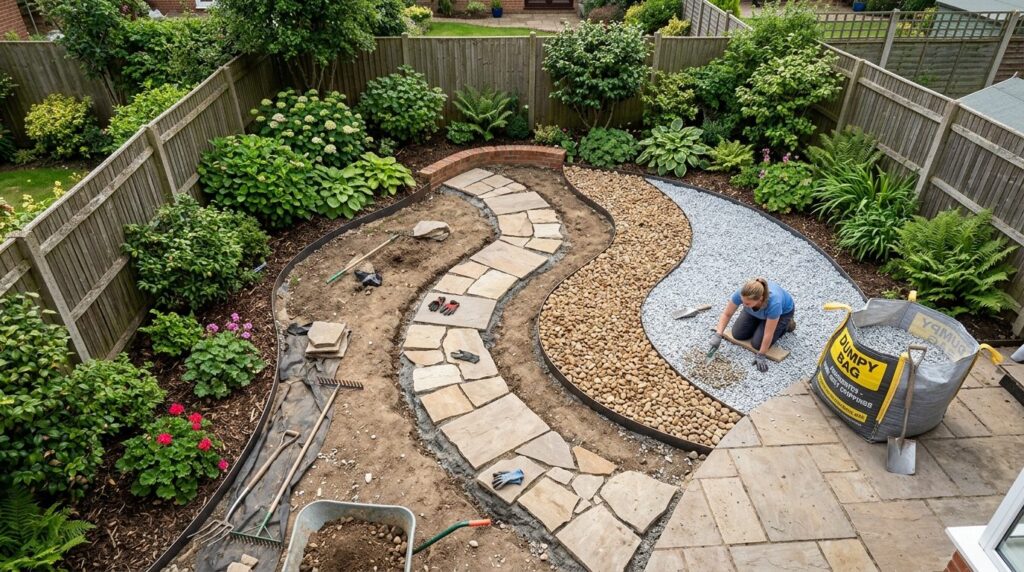 Overhead view of a residential garden project in progress sh