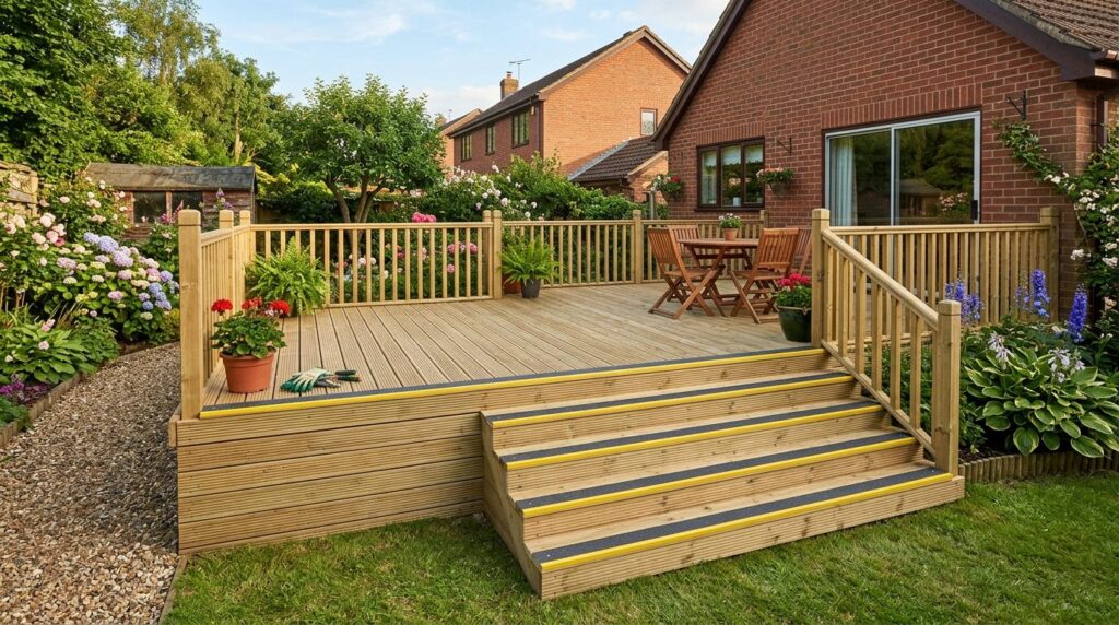 Wide-angle view of a completed hobbyist-built outdoor wooden