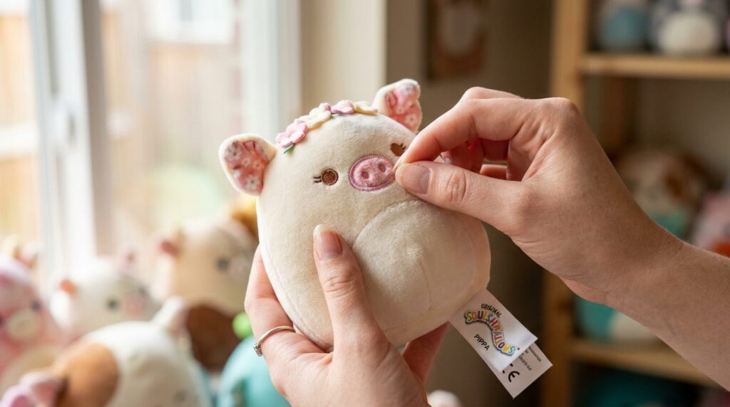 Close-up detail shot of Squishmallow plush toys showing text