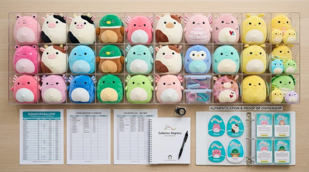 Flat lay overhead view of Squishmallow trading collection wi